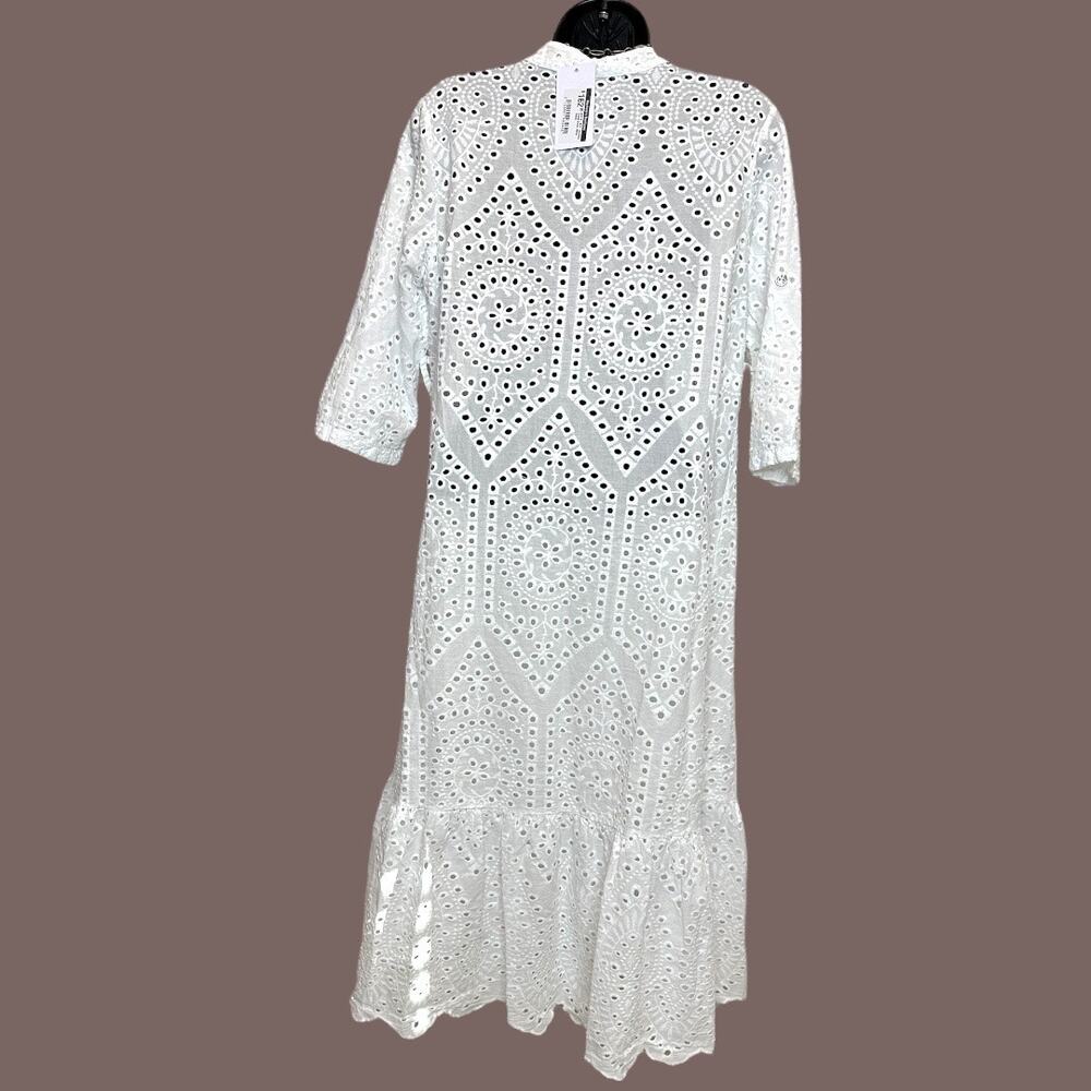 Milio Milano Women's boho 100% cotton Eyelet 3/4 sleeve midi Dress Size S NWOT - Picture 3 of 9